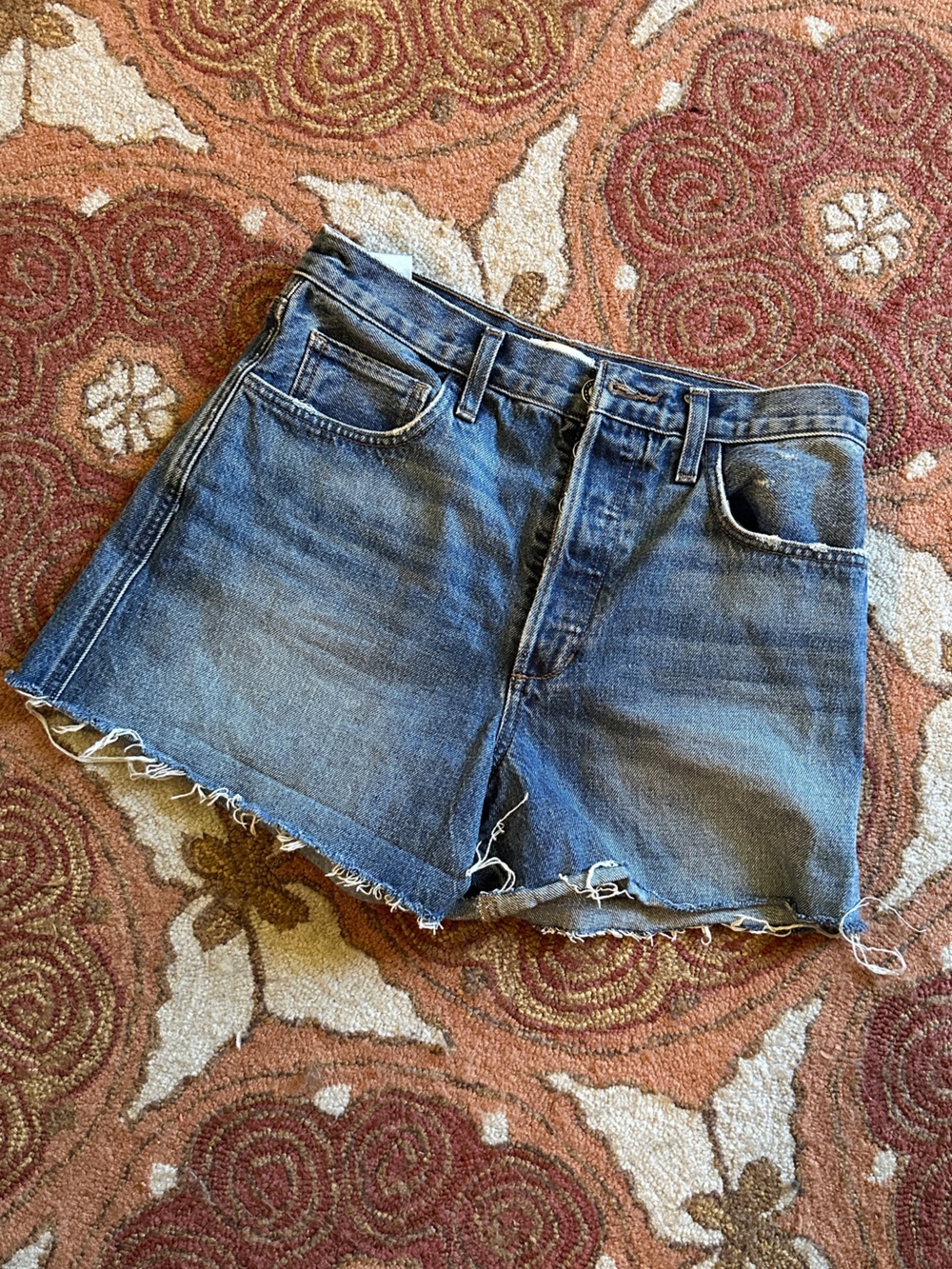 Favorite Daughter Distressed Blue Denim Shorts with Frayed Hem